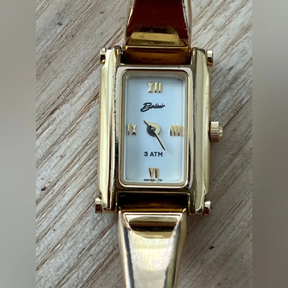 Belair Luxury Ladies Watch White Rectangular Dial Gold-Tone Bangle Bracelet